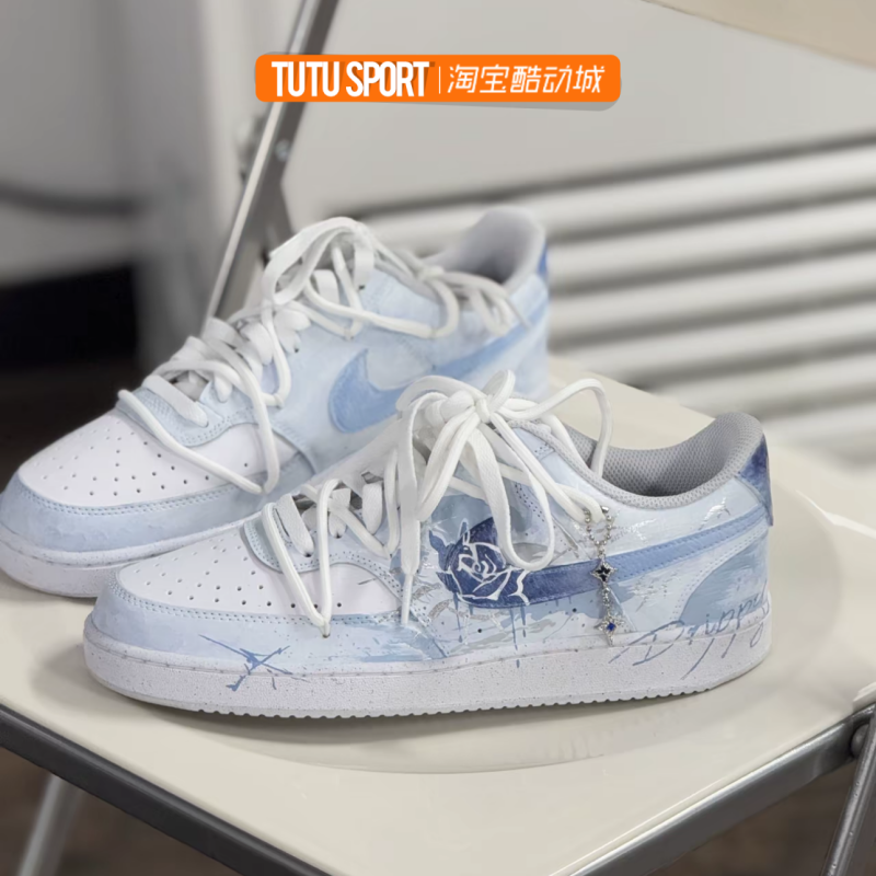 球鞋定制Nike Court Vision 1 冰蓝玫瑰手绘涂鸦低帮板鞋男女同款