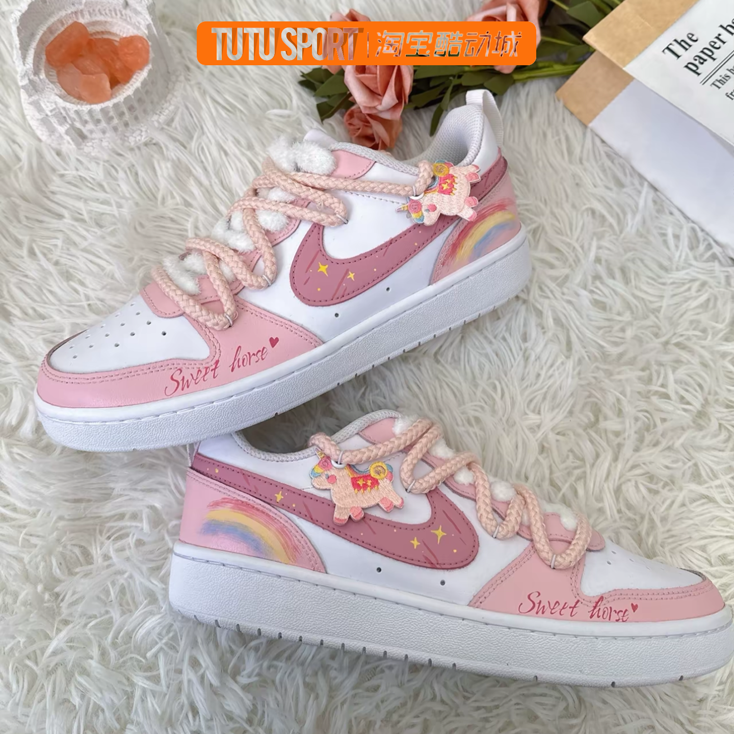 定制球鞋 耐克Nike Court Borough 皮革 彩虹小马 低帮 女子板鞋
