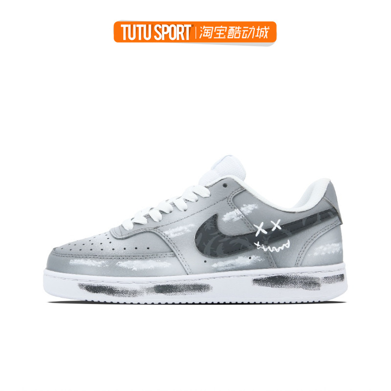 球鞋定制 Nike Court Vision 荆棘云雾 渐变涂鸦做旧灰白男子板鞋