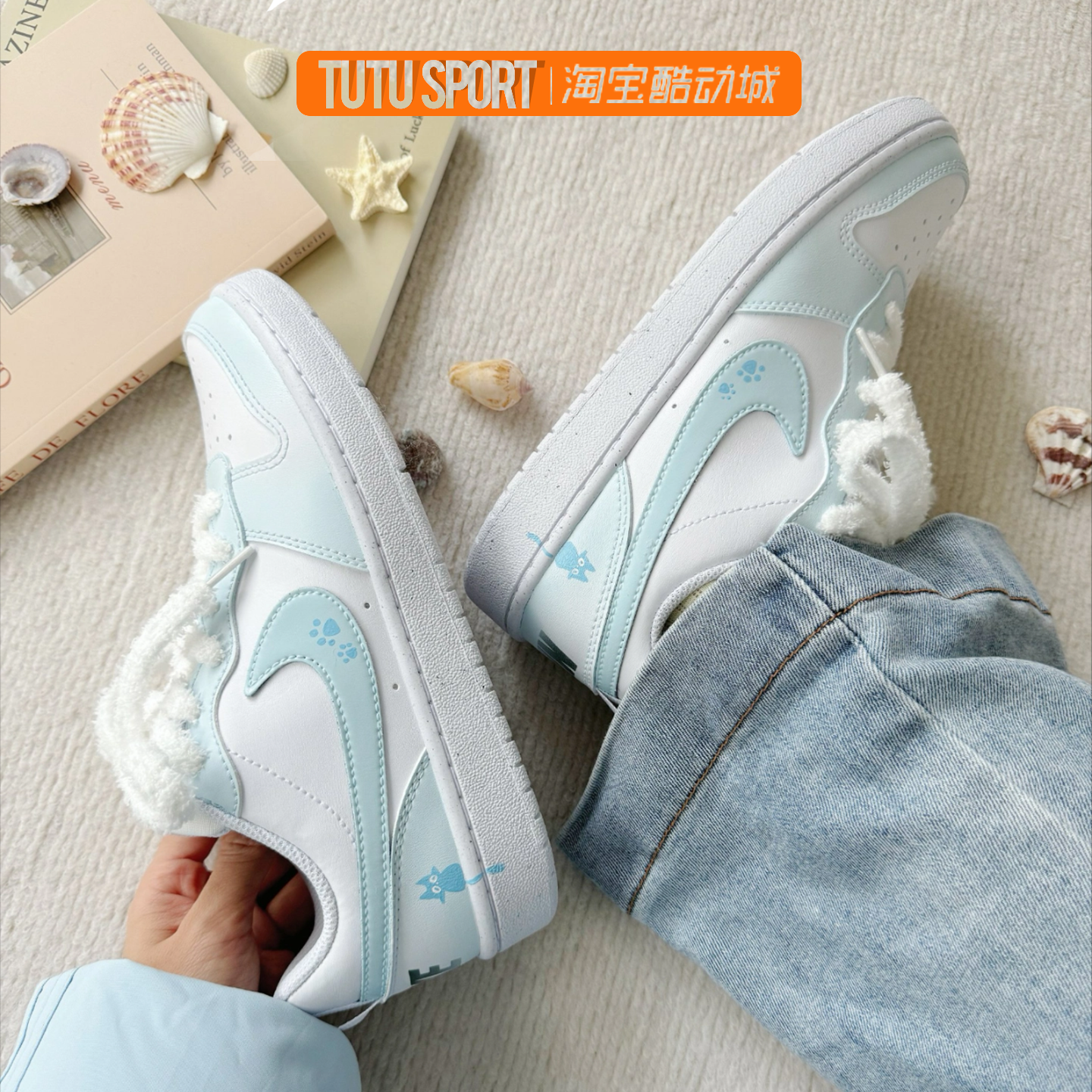 定制球鞋 耐克Nike Court Borough 雾蓝喵踪白蓝百搭低帮女子板鞋,运动鞋new,板鞋,淘宝优惠券,粉丝福利购,淘宝优惠卷