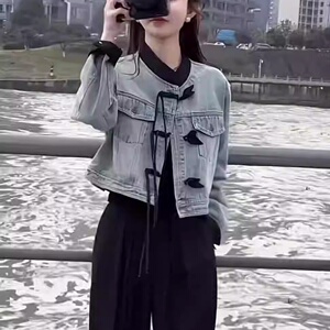 新款盘扣新中式国风牛仔外套女高腰垂感阔腿裤西装裤套装两件套女
