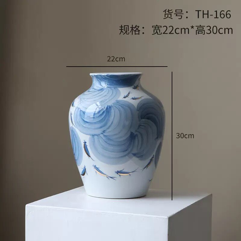 景德镇制新中式高温釉下彩鎏金手绘金鱼戏水青花瓷陶瓷花瓶摆件
