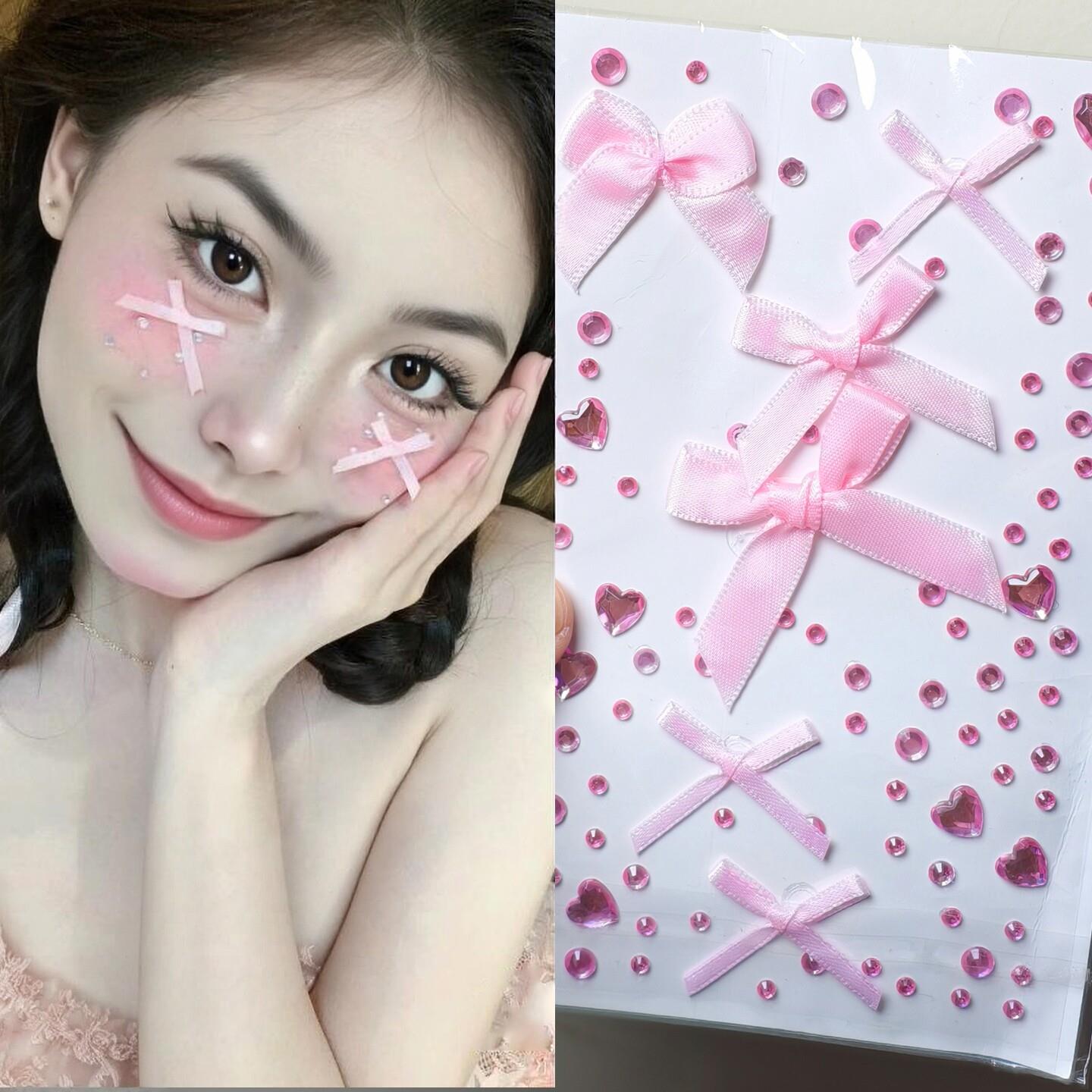 音乐节舞台表演粉色蝴蝶结pp彷妆粉色爱心演唱会应援妆贴钻带背胶