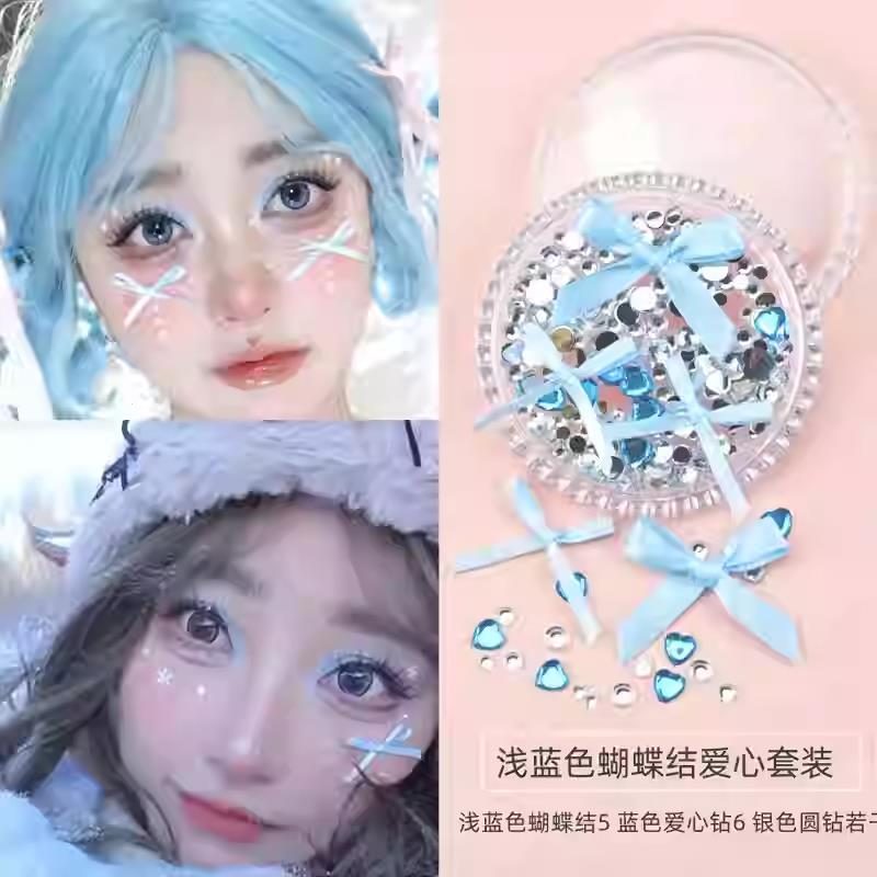 脸眼点缀装饰品蝴蝶结儿童妆粉红爱心水钻脸丝带化妆软萌妆眉心贴