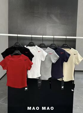 MAOMAO新款2828女修身显瘦短袖圆领透气刺绣字母运动T恤弹力上衣