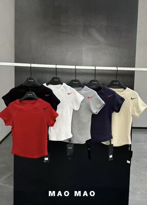 MAOMAO新款2828女修身显瘦短袖圆领透气刺绣字母运动T恤弹力上衣