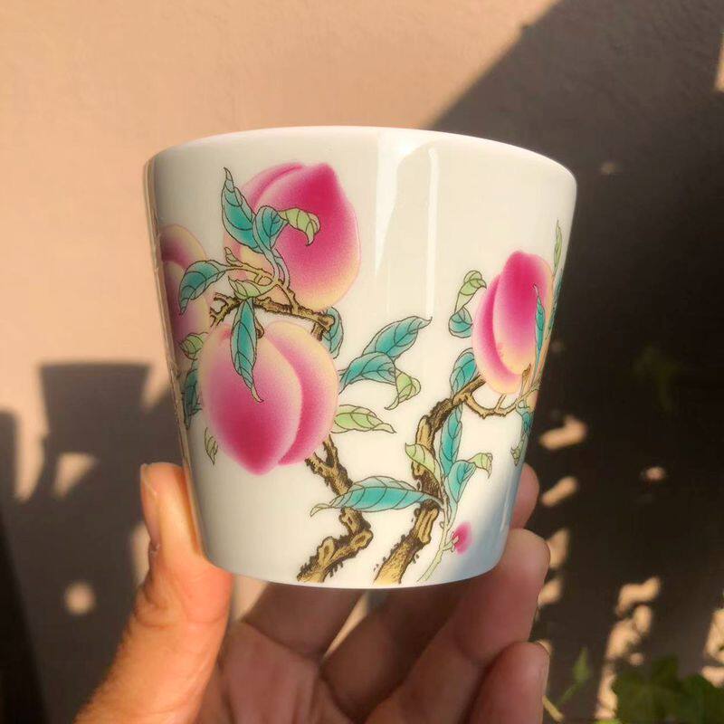 景德镇陶瓷仿古泥直身杯寿桃茶杯粉彩主人杯单杯中式高档茶盏