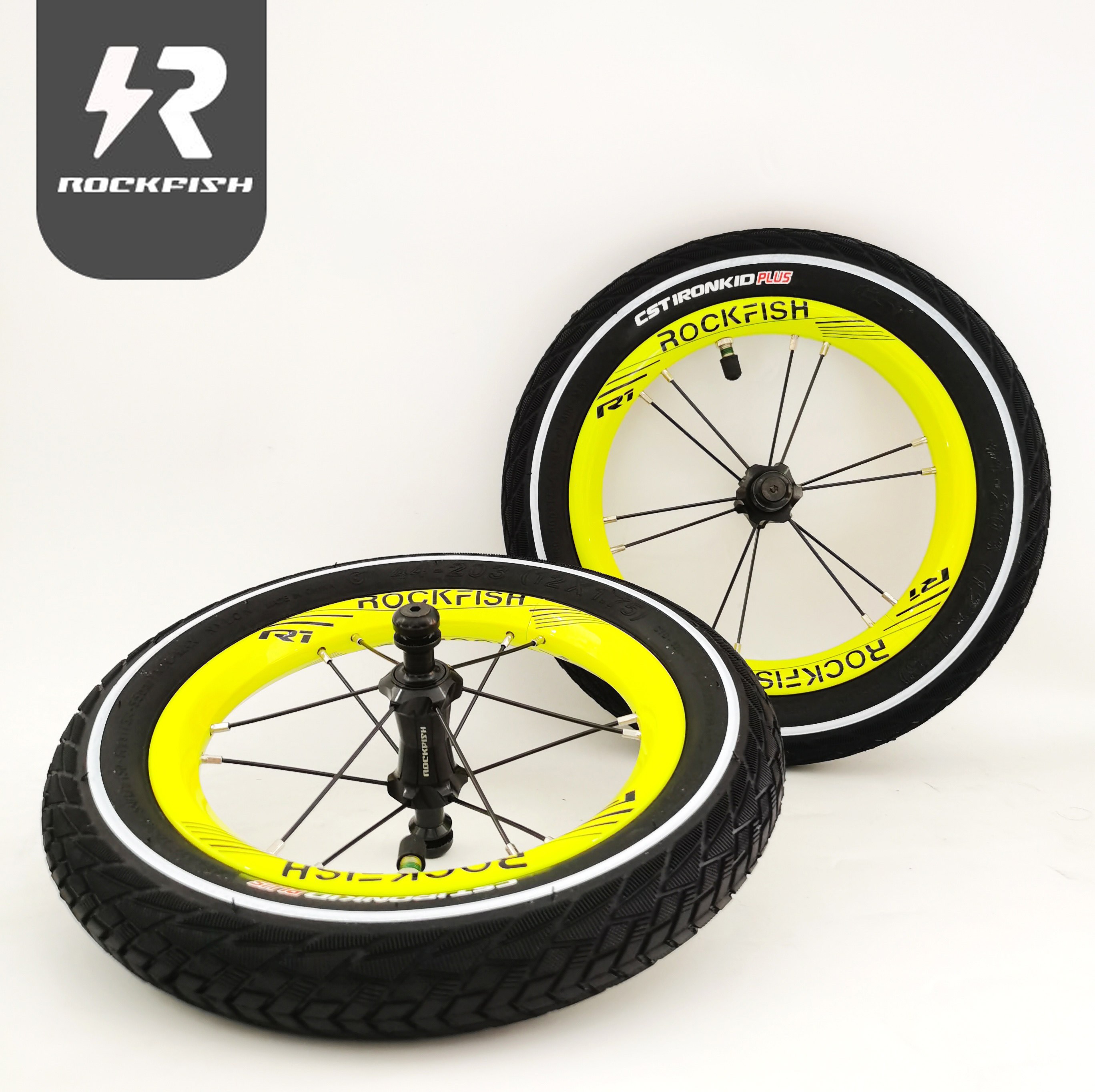 rockfish r1儿童平衡车轮组改装滑步车轮毂12寸车轮烤漆荧光黄绿