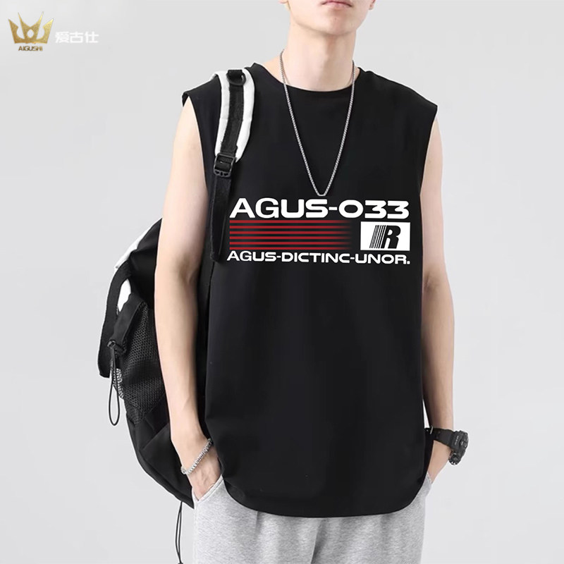 美式高街R字图案坎肩无袖t恤背心男重磅纯棉夏季冰丝运动健身马甲