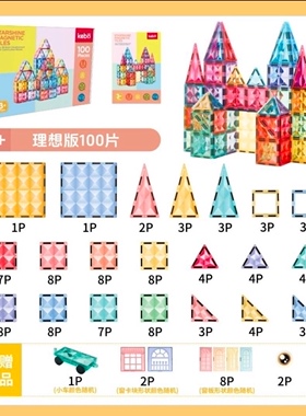 KEBO/科博磁力片强磁钻面糖果色儿童磁力积木益智几何搭建城堡