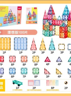 KEBO/科博磁力片强磁钻面糖果色儿童磁力积木益智几何搭建城堡