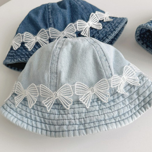 春夏女童渔夫帽子宝宝甜美蕾丝蝴蝶结防晒遮阳盆帽儿童牛仔帽子潮