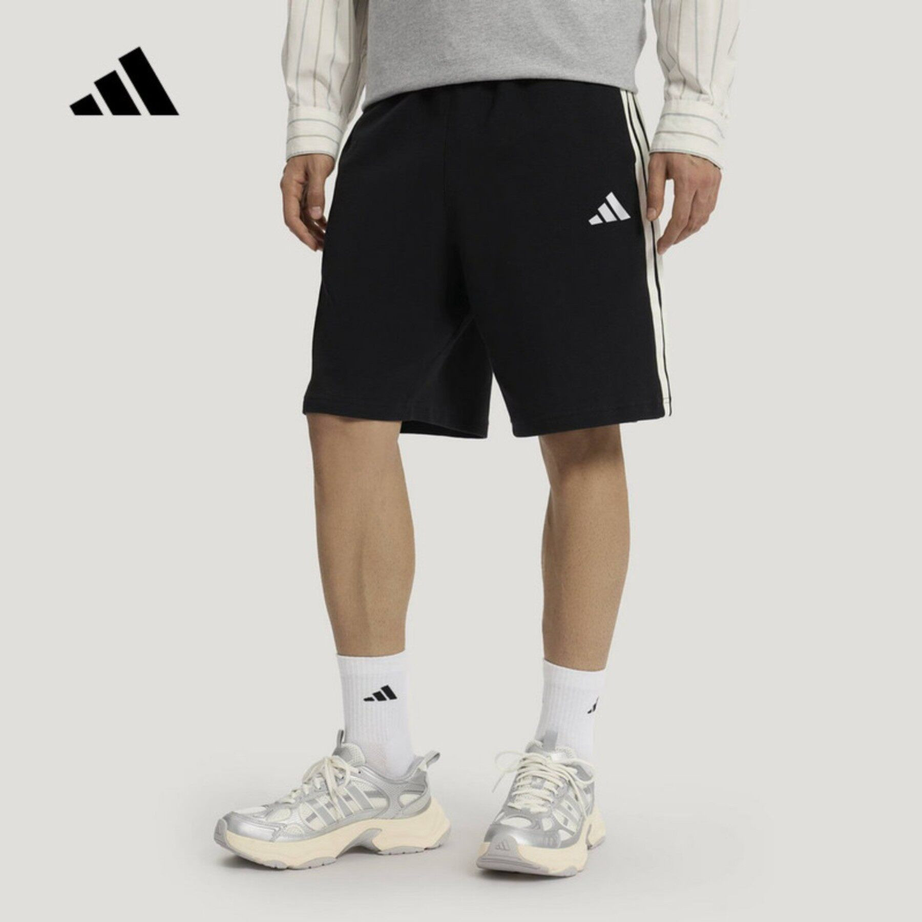 adidas阿迪达斯男裤2026夏三条纹针织透气宽松运动五分短裤KR2527