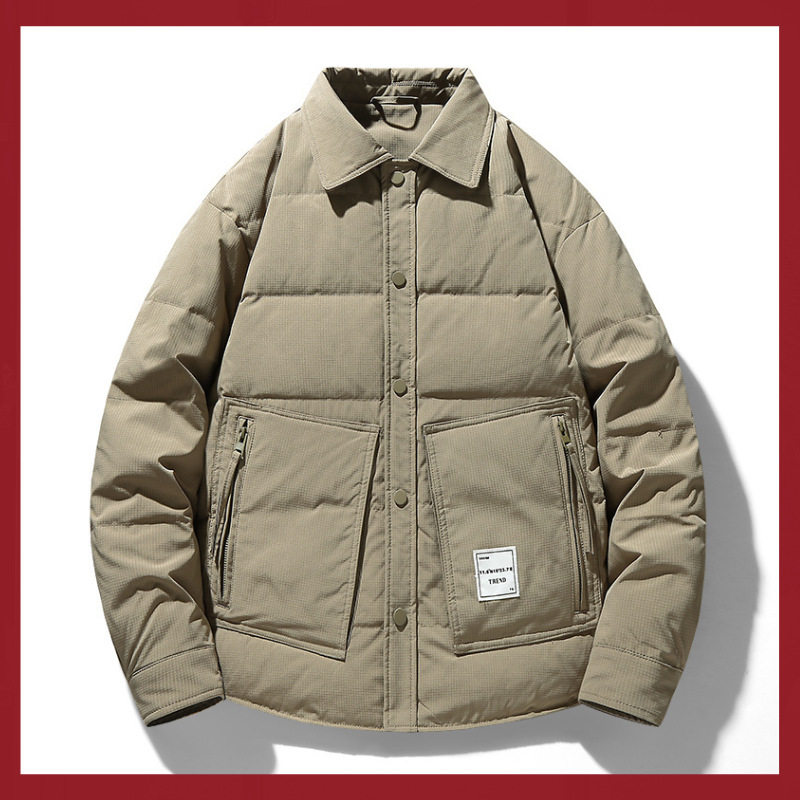 冬季衬衫领短款羽绒服男士网红工装夹克潮牌保暖白鸭绒外套男