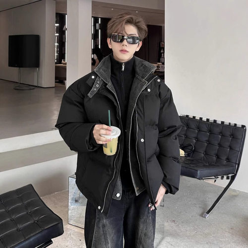 牛仔拼接羽绒棉服男款冬季假两件棉衣韩版潮流宽松面包服痞帅外套