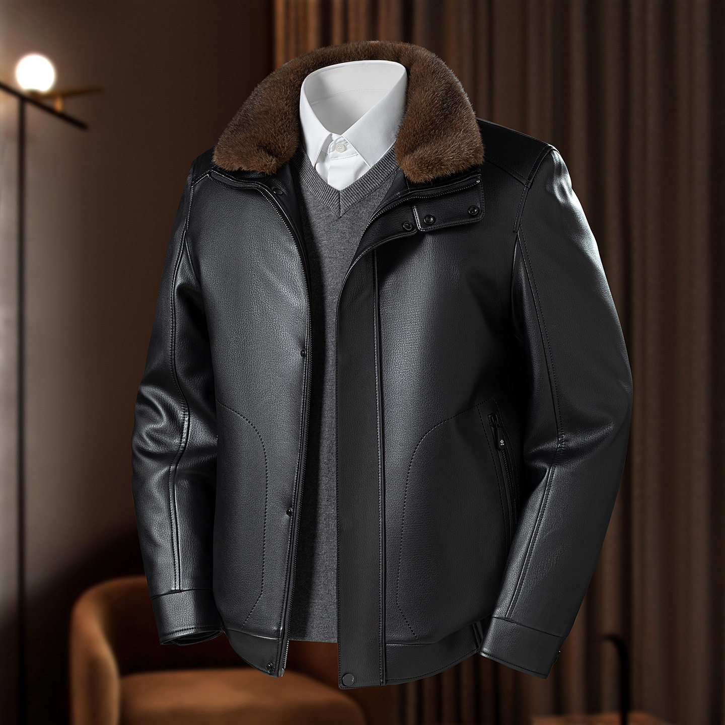 真好皮皮衣男翻领毛领冬加厚可拆加绒内胆外套皮夹克中老年外单,男装,皮衣,淘宝优惠券,粉丝福利购,淘宝优惠卷