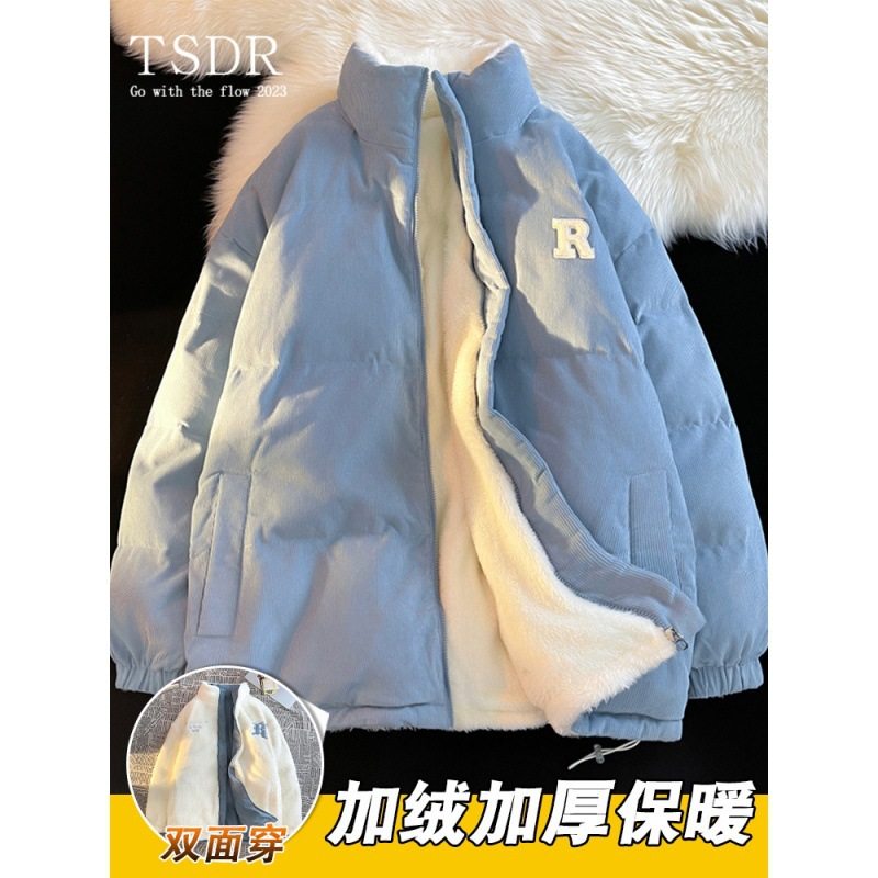 灯芯绒棉服男秋冬季潮牌加厚韩系立领羊羔毛外套双面穿情侣装棉袄