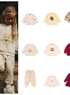 2025秋冬欧美儿童ks纯棉加绒猫咪卫衣卫裤男女宝宝羊羔绒棉衣外套