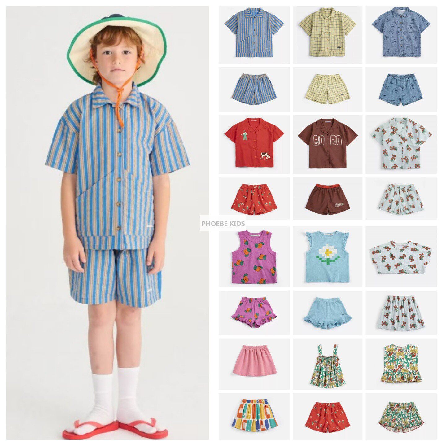 26SS欧美儿童春夏纯棉BC衬衫短裤家居套装男女宝宝休闲幼儿园园服