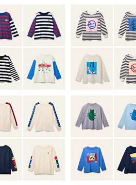 25AW秋冬季欧美儿童wyn纯棉笑脸长袖T恤衫男女宝宝拼色条纹打底衫