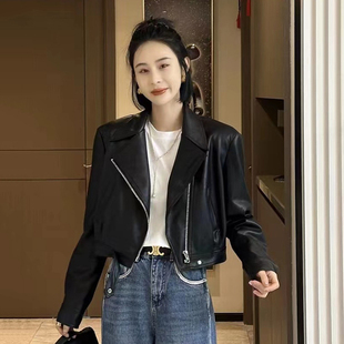 韩系蛋白皮翻领皮衣外套女春季 小个子高级感机车服皮夹克 2026新款