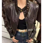 休闲显瘦工装 短款 夹克 复古卡扣系带立领PU皮衣外套女秋季 网红同款