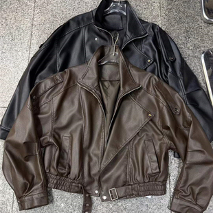 海宁高档短款 泡纹皮衣 皮衣外套女宽松酷飒机车皮夹克百搭气质新款
