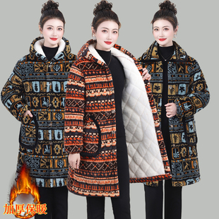 外套省服 连帽宽松民族风保暖棉服妈妈装 新款 加绒加厚棉衣女中长款