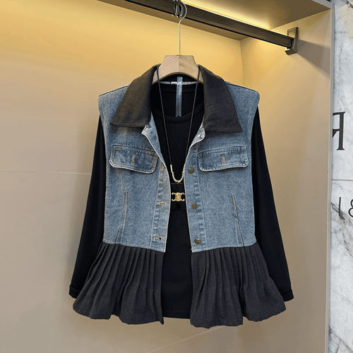 大码女装拼色翻领牛仔马甲