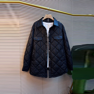 加肥翻领长袖菱形格外套大码女装2025冬季款黑色显瘦百搭宽松上衣