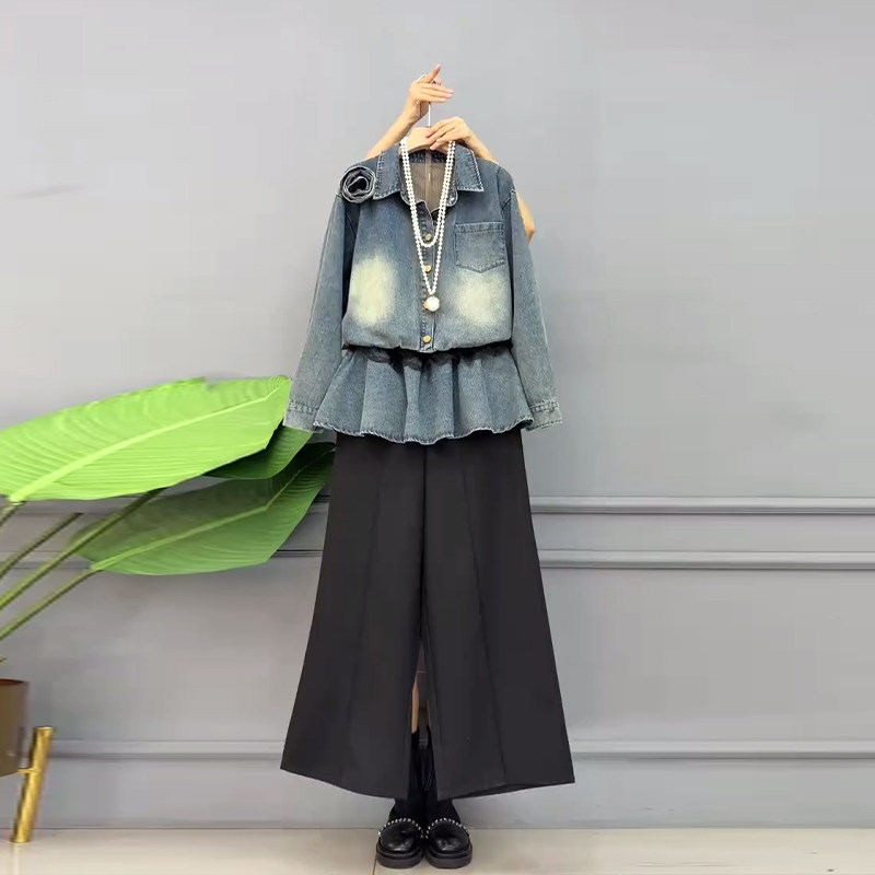 大码女装翻领长袖收腰牛仔上衣胖妹妹宽松遮胯黑色松紧腰阔腿裤子,女装/女士精品,大码内搭,淘宝优惠券,粉丝福利购,淘宝优惠卷