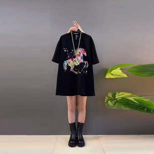 加大码女装彩色花朵图案短袖上衣胖妹妹韩版减龄百搭学院风T恤衫