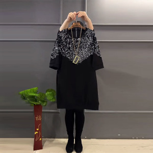 大码女装胖妹妹新款时尚潮流洋气百搭宽松圆领亮片拼接长袖连衣裙