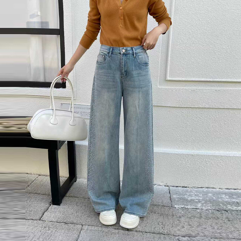 胖妹妹侧亮钻阔腿长裤欧洲站大码女装宽松遮胯时尚减龄百搭牛仔裤,女装/女士精品,大码裤装,淘宝优惠券,粉丝福利购,淘宝优惠卷