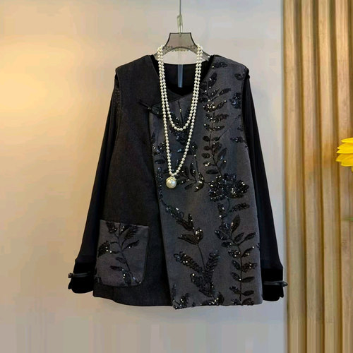 重工亮片叶子国风马甲长袖小衫