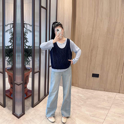 胖妹妹拼色马甲假两件针织衫