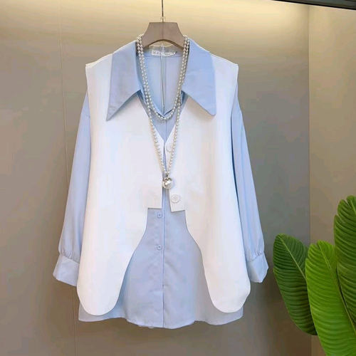 V领纽扣马甲翻领长袖衬衫