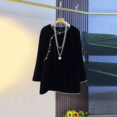 小衫 胖妹妹加肥圆领钉珠边长袖 秋季 款 丝绒上衣宽松遮肚子大码 女装