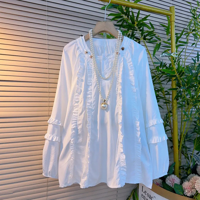 大码女装圆领荷叶边长袖小衫-