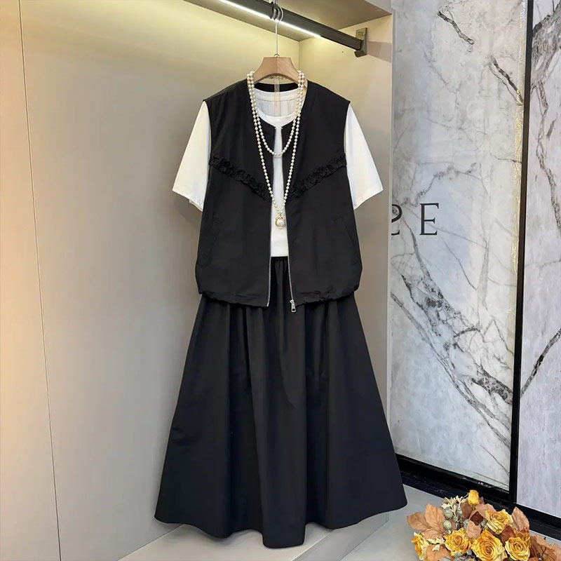 加肥女圆领拉链开衫马甲短袖t恤衫半身裙春秋款韩版胖妹妹三件套