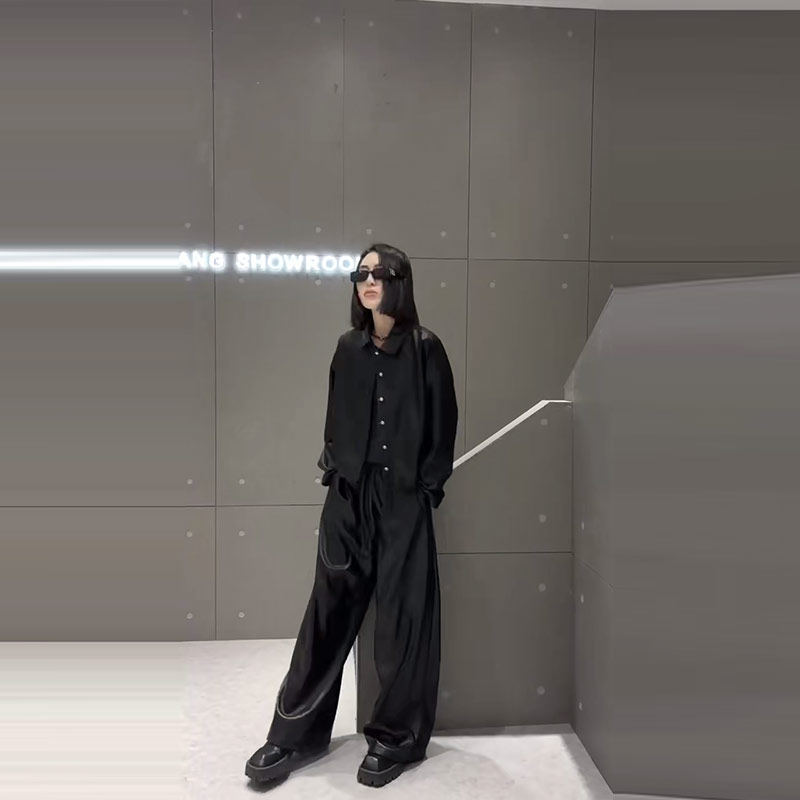 大码女装翻领长袖皮夹克上衣胖妹妹秋季款时尚欧货松紧腰裤腿长裤
