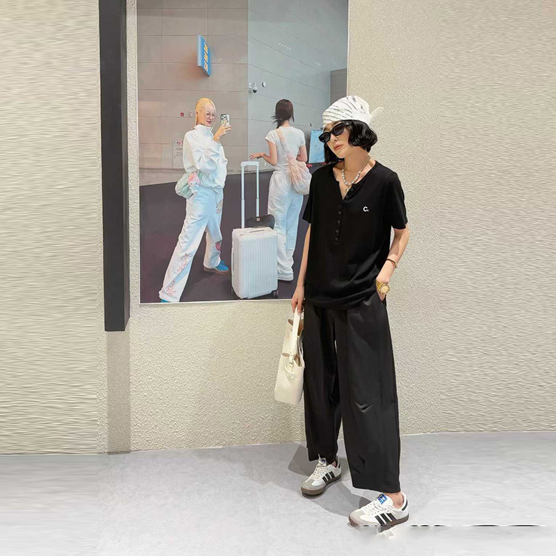 大码女装纽扣领短袖小衫宽松遮肚子纯色简约百搭韩版休闲T恤上衣