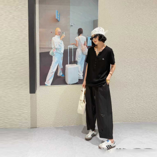 宽松遮肚子纯色简约百搭韩版 大码 小衫 纽扣领短袖 休闲T恤上衣 女装