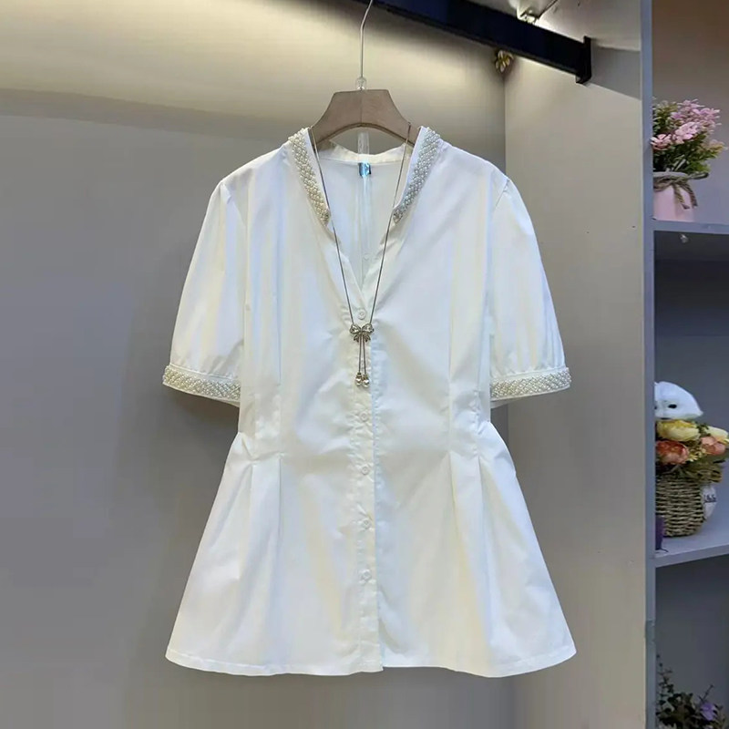 大码女装钉珠亮钻领短袖收腰上衣胖妹妹糖果色甜美减龄淑女风小衫