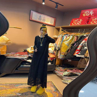 加肥胖MM圆领长袖长款蕾丝裙大码女装高级感洋气秋冬款时尚连衣裙