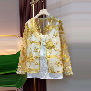 胖妹妹圆领盘扣花朵蕾丝外套重工网纱大码女装新中式宽松防晒外搭