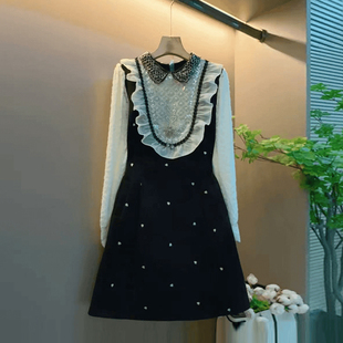 减龄中长款 胖MM加肥荷叶肩拼色长袖 韩版 女装 显瘦淑女裙 连衣裙大码