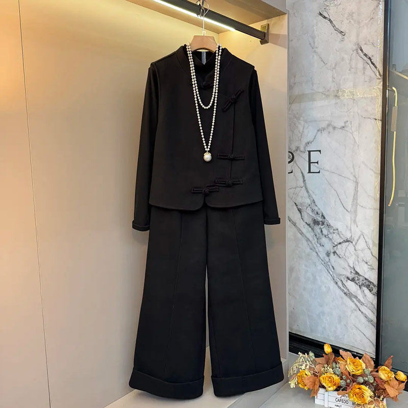 加肥立领盘扣马甲长袖打底衫阔腿长裤大码女装气质通勤显瘦两件套,女装/女士精品,大码套装,淘宝优惠券,粉丝福利购,淘宝优惠卷