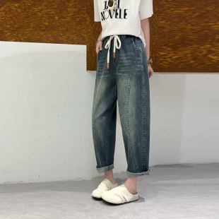 宽松遮胯百搭欧货前压线牛仔裤 女装 加肥大码 胖MM松紧腰系带老爹裤