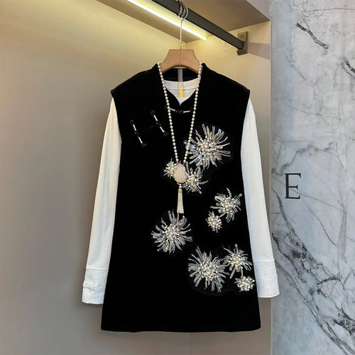 长袖打底小衫立领钉珠亮钻花马甲